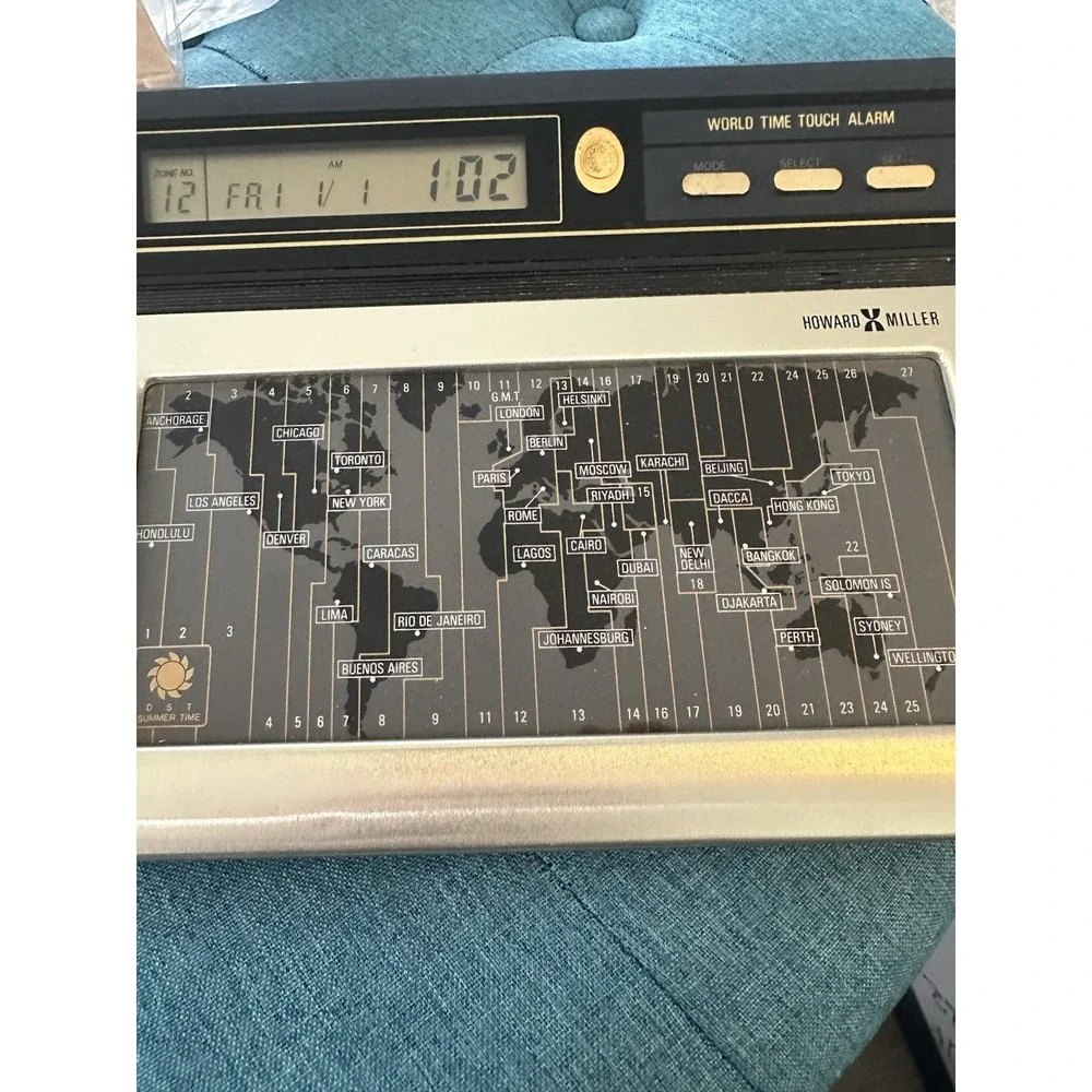 Howard Miller World Touch Alarm Time Clock MCM Model# 1054 Battery Operated WORK
